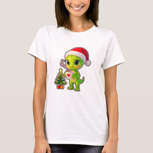 T-shirt **Cute 3D Green Alien in Santa Hat with Hot Chocol (Devant)