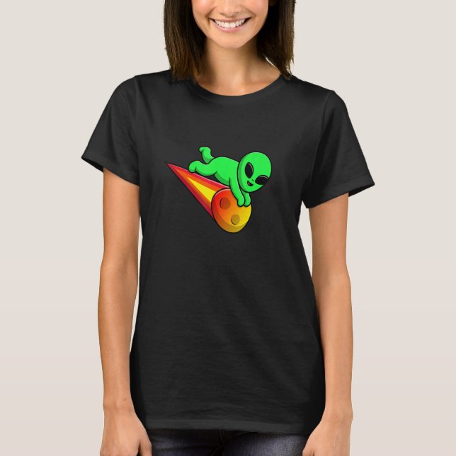 T-shirt Cute Alien Flying with Meteorite Stone Asteroid UF (Devant)
