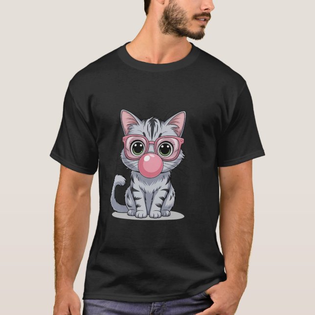 T-shirt Cute and Funny Cat Pink Sunglasses And Blowing Bub (Devant)