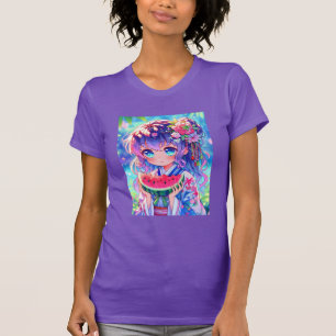 T-shirt Cute Anime Girl Manger Watermelon sur une journée 