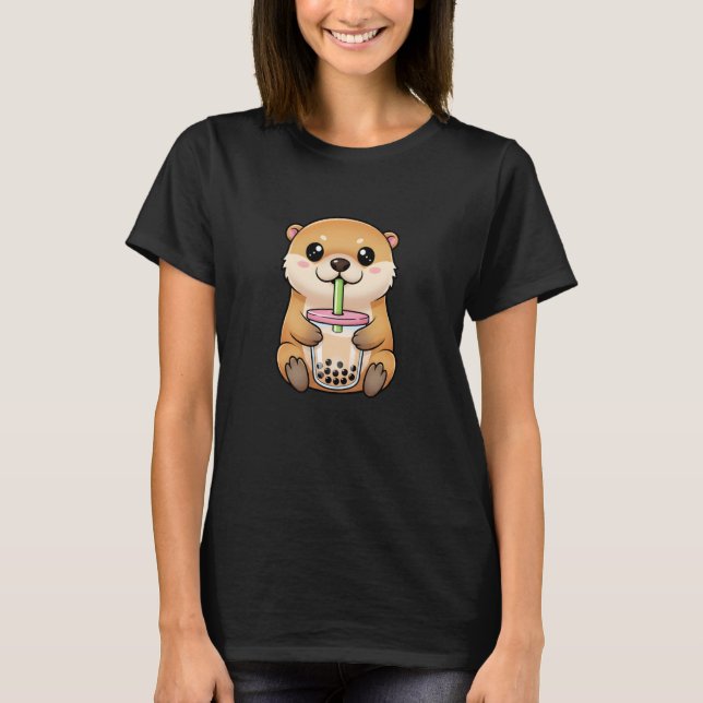 T-shirt Cute Anime Otter Drinking Boba Kawaii Bubble Tea L (Devant)