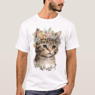 T-shirt Cute Aquarelle Floral Kitten