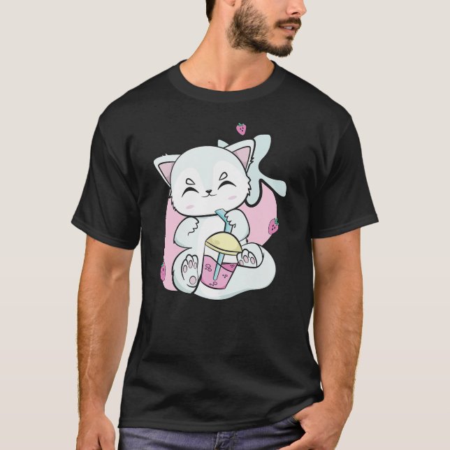 T-shirt Cute Arctic Fox Drinks Strawberry Milk And Boba Bu (Devant)
