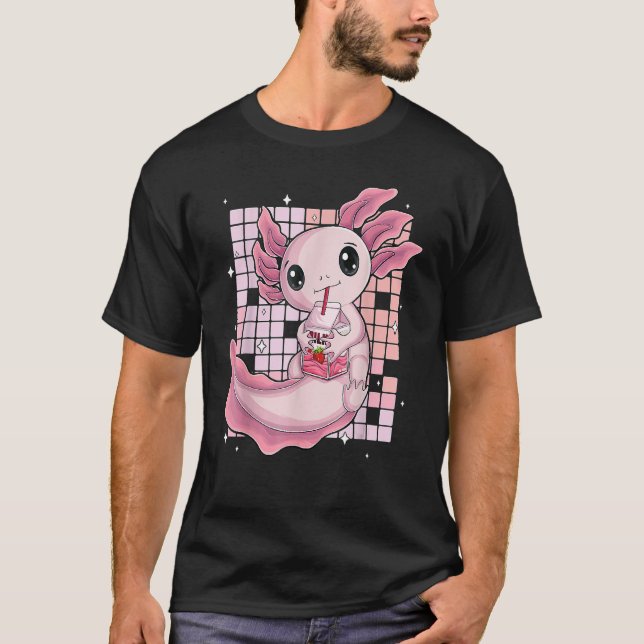 T-shirt Cute Axolotl Drinking Strawberry Milk Bubble Tea O (Devant)
