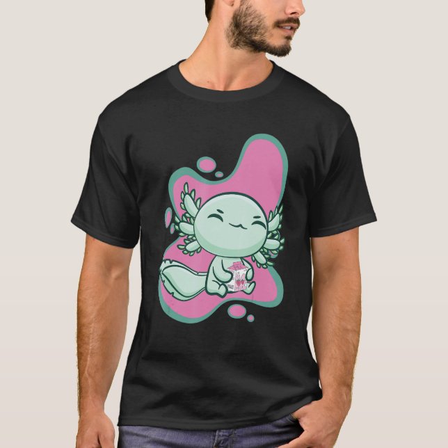 T-shirt Cute Axolotl With Strawberry Milk And Bubble Tea B (Devant)