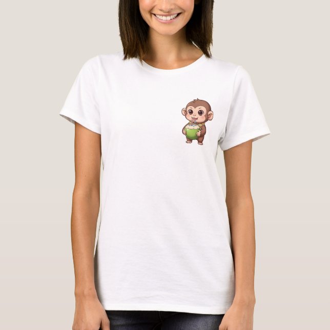 T-shirt Cute Baby Monkey Drinking Fresh Coconut Water (Devant)
