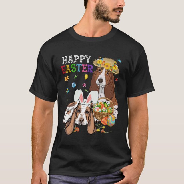 T-shirt Cute Basset Hound Dogs Easter Egg Basket Happy Eas (Devant)