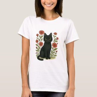 T-shirt Cute Black Cat & Flower Garden Women’s Tee