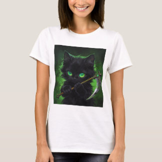 T-shirt Cute Black Cat Grim Reaper Green Eyes Halloween
