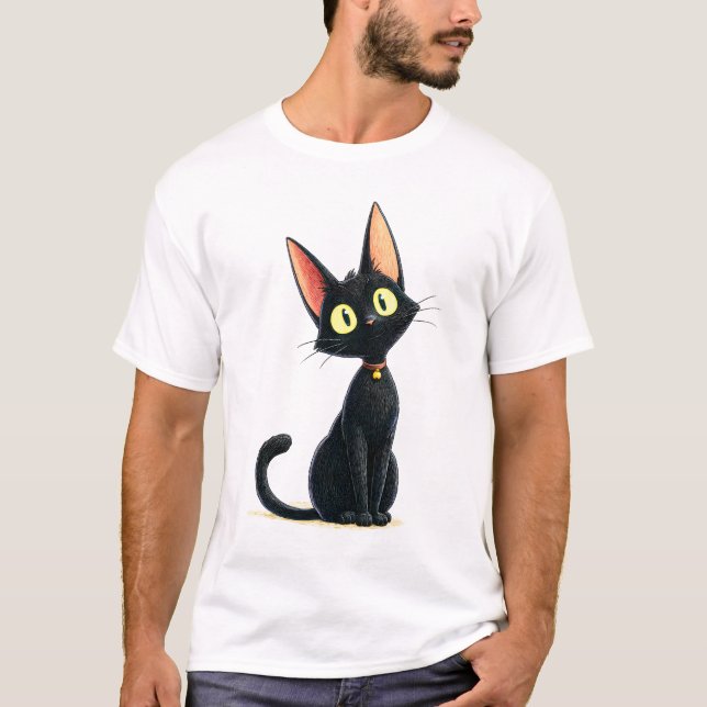 T-shirt Cute Black Cat with Big Ears (Devant)
