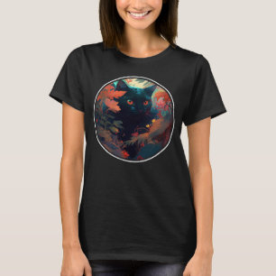 T-shirt Cute Black Chat Cachage dans les fleurs de printem