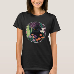 T-shirt Cute Black Chat Cachage dans les fleurs de printem