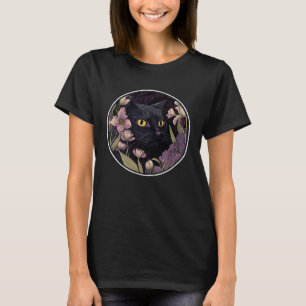 T-shirt Cute Black Chat Cachage dans les fleurs de printem