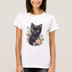 T-shirt Cute Black Chat Floral Whimsical