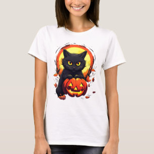 T-shirt Cute Black Chat Pleine lune Citrouille Moderne Hal