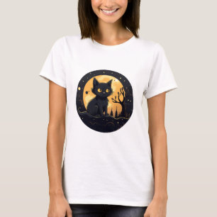 T-shirt Cute Black Chat Pleine lune Halloween moderne
