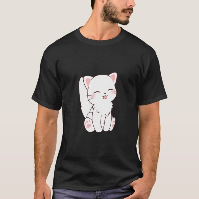 T-shirt Cute Blanc Chat Chibi Tongue Sticking Out (Devant)