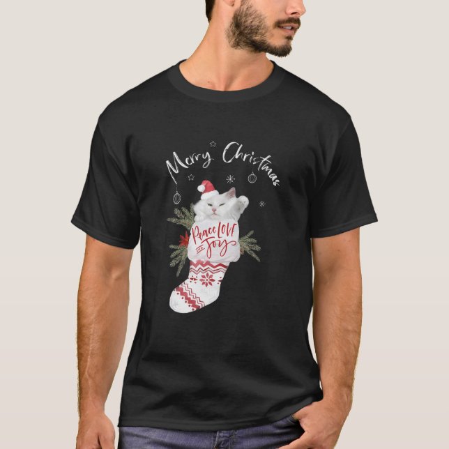 T-shirt Cute Blanc Chat Paix Amour Et Joie Joyeux Chat Chr (Devant)