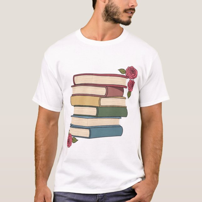 T-shirt Cute Book Stack with Roses (Devant)