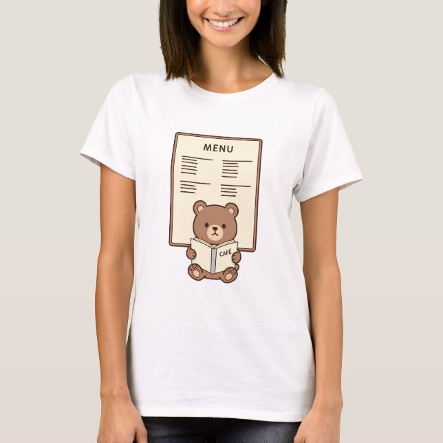 T-shirt Cute Brown Bear Reading Cafe Menu Illustration (Devant)