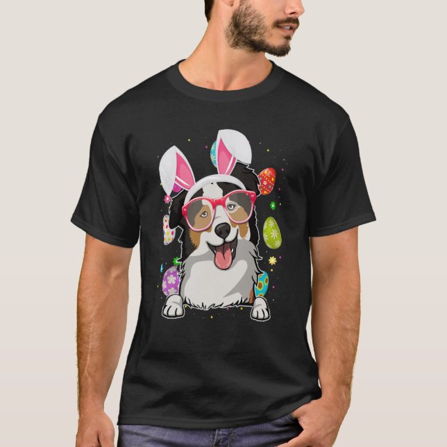 T-shirt Cute Bunny Australian Shepherd Dog Face Easter Egg (Devant)