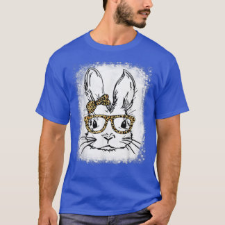 T-shirt Cute Bunny Face Leopard Bow Bleached Happy Easter 