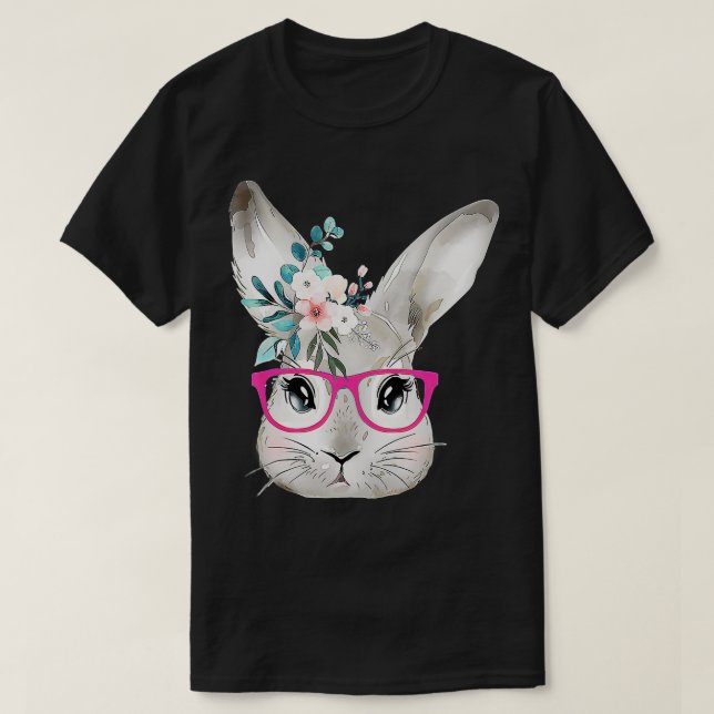 T-shirt Cute Bunny Face With Floral Pink Glasses, Easter R (Design devant)