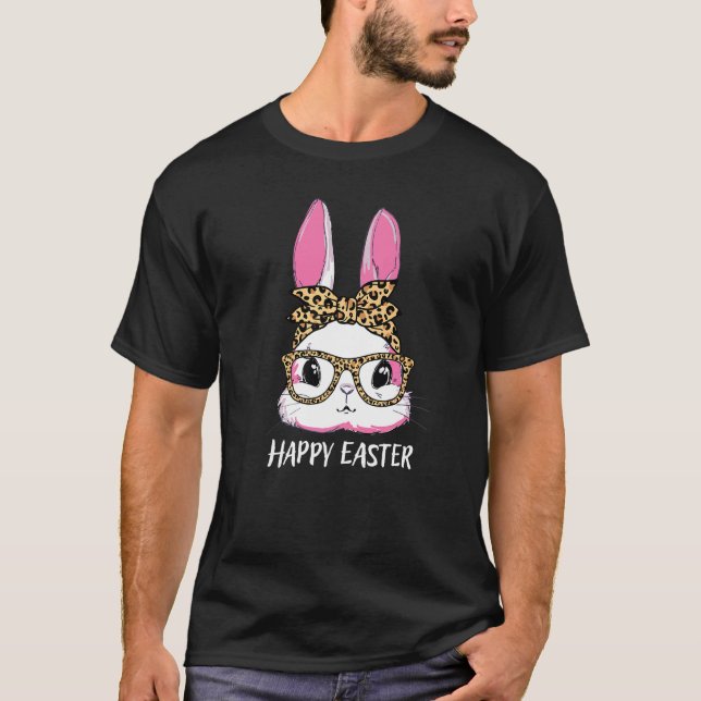 T-shirt Cute Bunny Leopard Messy Lunettes Bun Happ Headban (Devant)