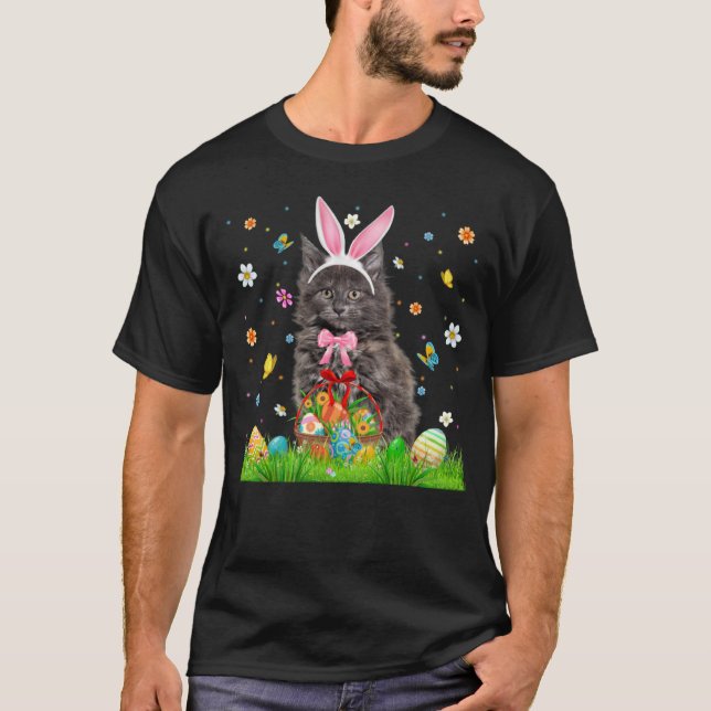 T-shirt Cute Bunny Maine Coon Cat With Easter Egg Basket E (Devant)