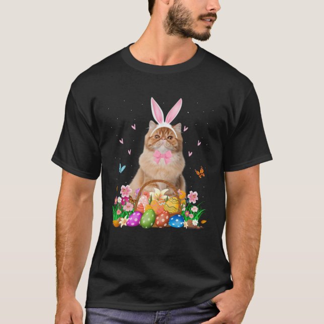 T-shirt Cute Bunny Persian Cat & Easter Egg Basket Easter  (Devant)