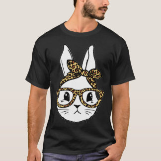 T-shirt Cute Bunny Rabbit Face Messy Bun Leopard Glasses G
