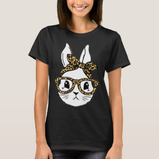 T-shirt Cute Bunny Rabbit Face Messy Bun Leopard Glasses G
