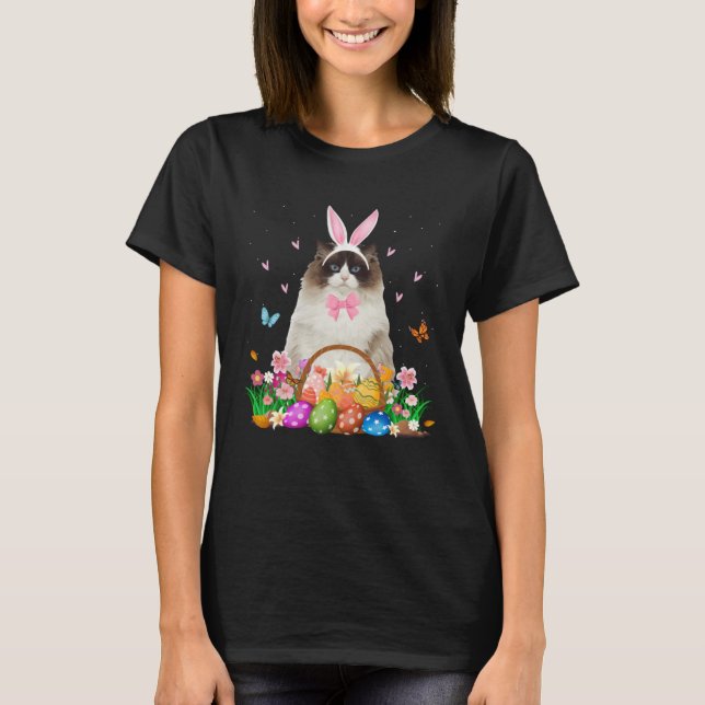 T-shirt Cute Bunny Ragdoll Cat & Easter Egg Basket Easter  (Devant)