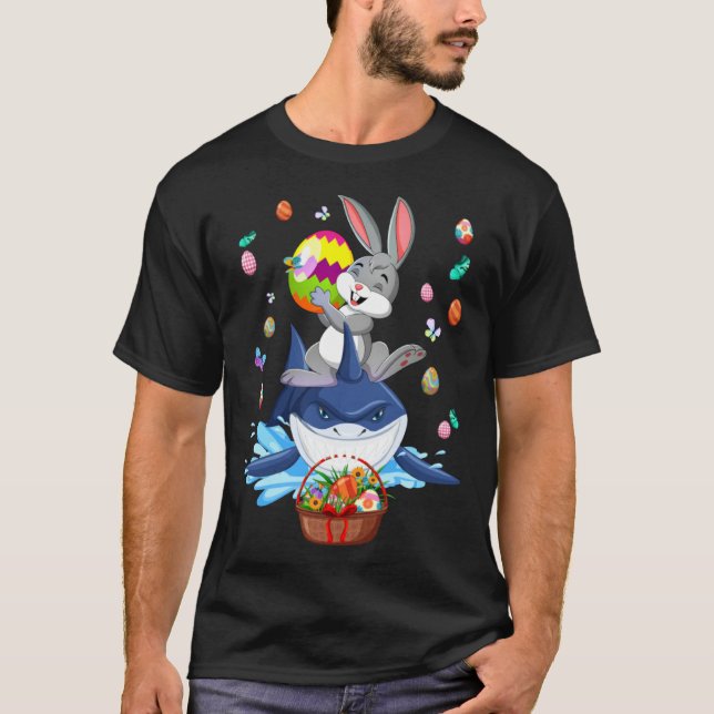 T-shirt Cute Bunny Ride Shark & Easter Eggs Easter Day Kid (Devant)