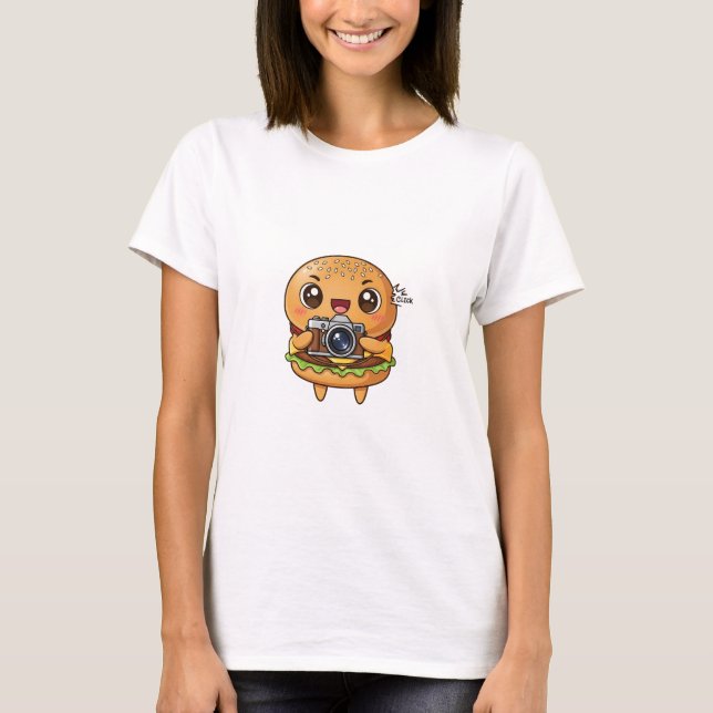 T-shirt Cute Burger Photographer Cartoon with Retro Camera (Devant)