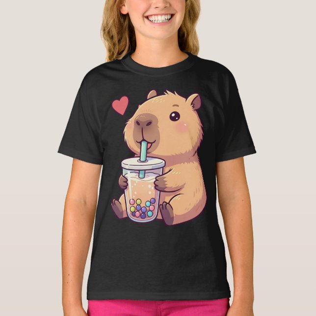 T-shirt Cute Capybara Boba Tea Bubble pour fille (Devant)