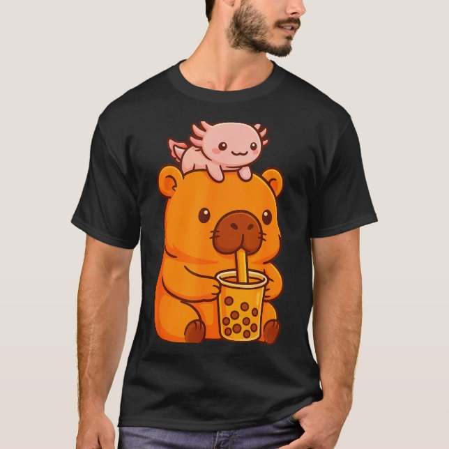 T-shirt Cute Capybara Drinking Bubble Tea And Axolotl Kawa (Devant)