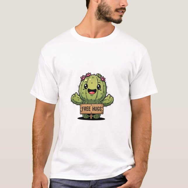 T-shirt Cute Cartoon Cactus Character Offering Free Hugs (Devant)