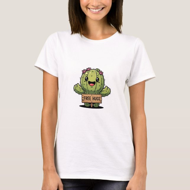 T-shirt Cute Cartoon Cactus Character Offering Free Hugs (Devant)