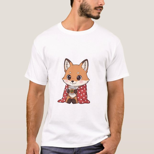 T-shirt Cute Cartoon Fox Wrapped in Red Polka Dot Blanket  (Devant)