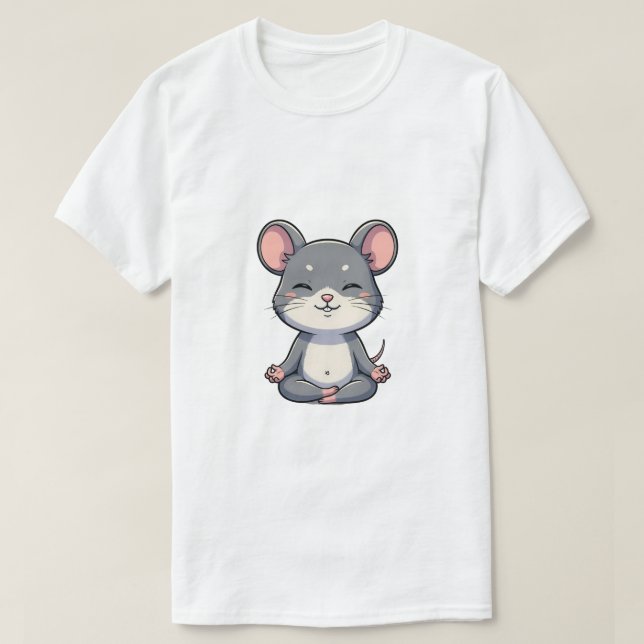 T-shirt Cute Cartoon Grey Mouse Meditating in Lotus Pose (Design devant)