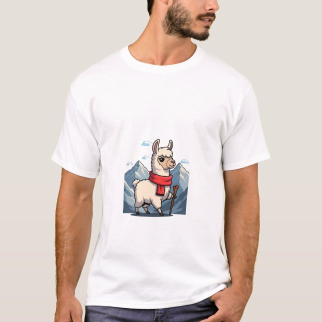 T-shirt Cute Cartoon Llama Hiker with Red Scarf (Devant)