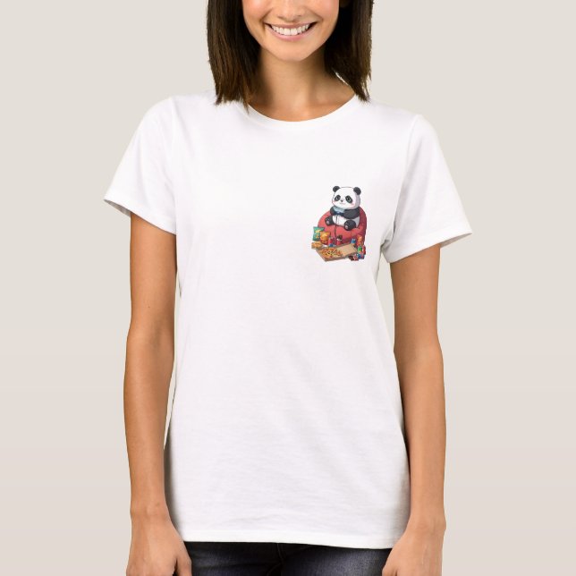 T-shirt Cute Cartoon Panda Gamer Playing on Beanbag (Devant)