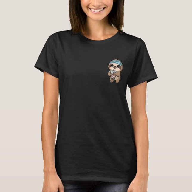 T-shirt Cute Cartoon Sloth Drinking Iced Coffee (Devant)