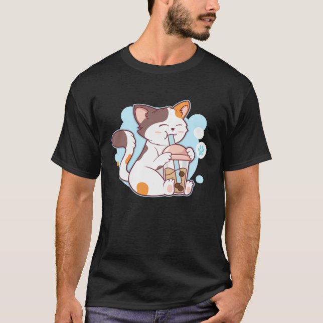 T-shirt Cute Cat Drinking Bubble Tea  Tea  Costume (Devant)