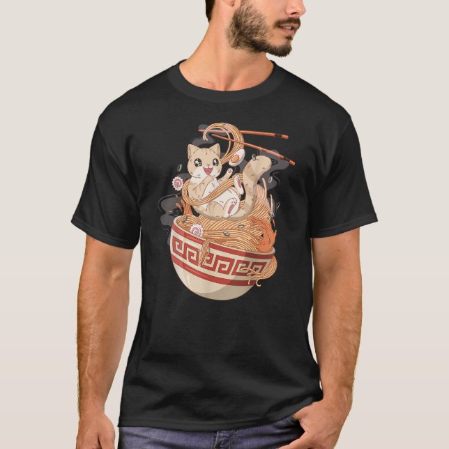 T-shirt Cute Cat eating Ramen (Devant)