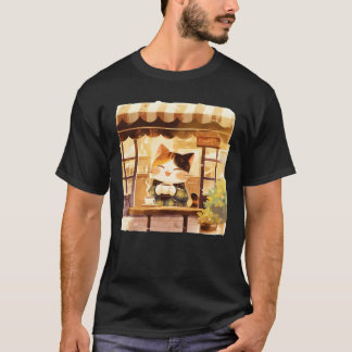 T-shirt Cute Cat Enjoying Coffee at Cozy Cafe Illustration