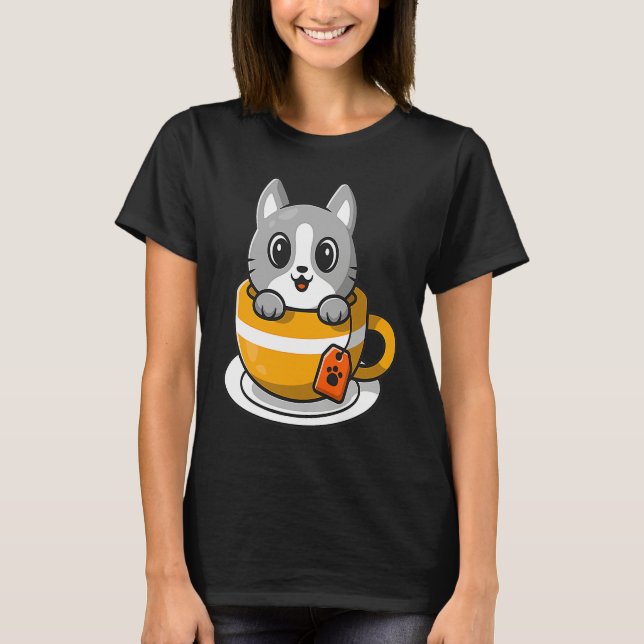 T-shirt Cute Cat Kitty in a coffee or tea cup (Devant)