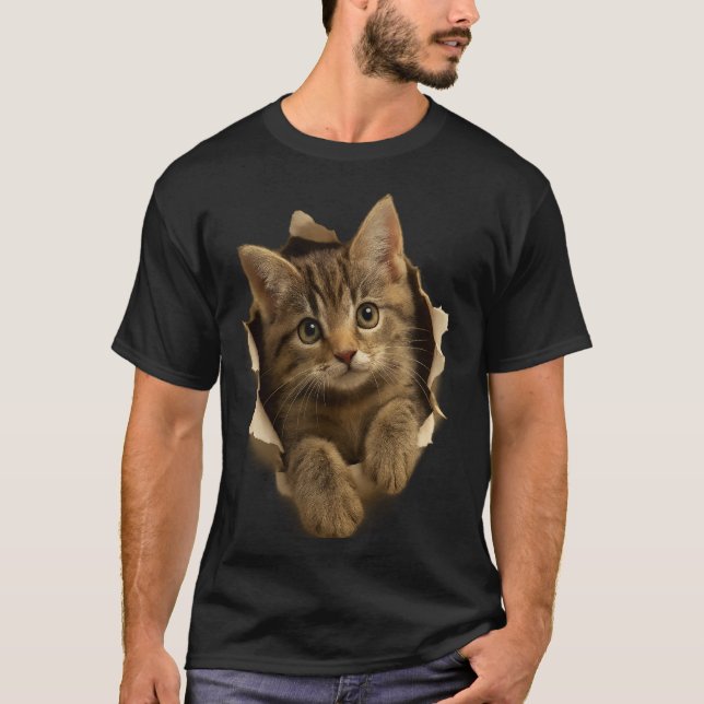 T-shirt Cute Cat Peeking Through Paper Design (Devant)