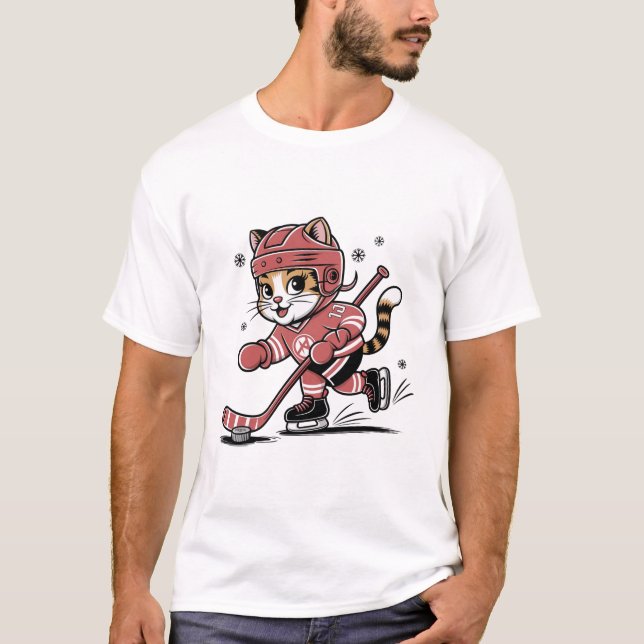 T-shirt Cute Cat Playing Ice Hockey Cartoon Sports Design (Devant)
